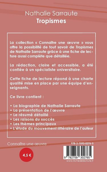 Produktbild: Fiche de lecture Tropismes de Nathalie Sarraute (Analyse litt&eacute;raire de r&eacute;f&eacute;rence et r&eacute;sum&eacute; complet)