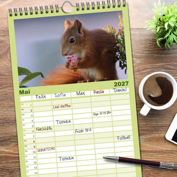 Produktbild: Familienplaner 2027 - Eichh&ouml;rnchen Kinder mit 5 Spalten (Wandkalender, 21 x 45 cm) CALVENDO