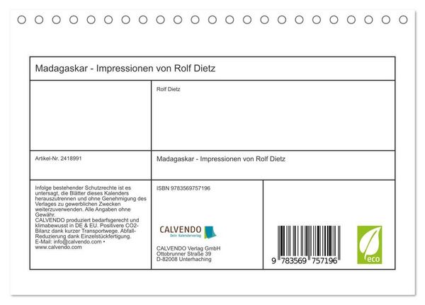 Produktbild: Madagaskar - Impressionen von Rolf Dietz (Tischkalender 2027 DIN A5 quer), CALVENDO Monatskalender