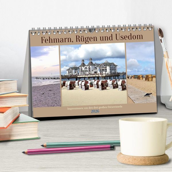 Produktbild: Fehmarn, R&uuml;gen und Usedom - Impressionen von den drei gro&szlig;en Ostseeinseln (Tischkalender 2026 DIN A5 quer), CALVENDO Monatskalender