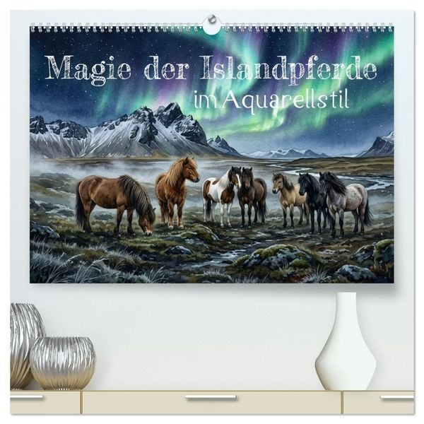 Produktbild: Magie der Islandpferde im Aquarellstil (hochwertiger Premium Wandkalender 2027 DIN A2 quer), Kunstdruck in Hochglanz