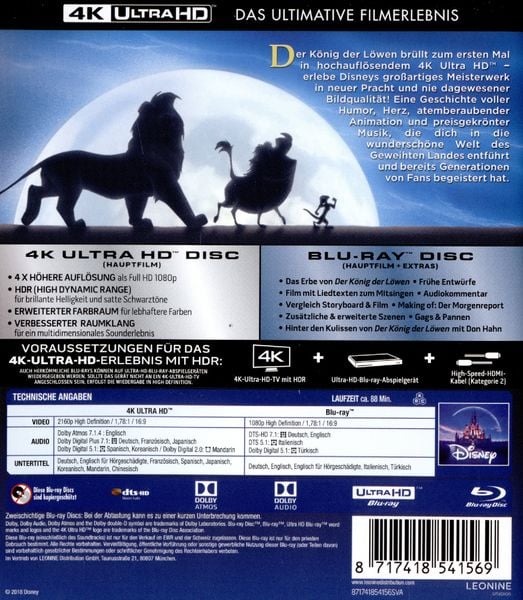 Produktbild: Der K&ouml;nig der L&ouml;wen (4K Ultra HD) (+ Blu-ray 2D)