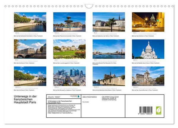 Produktbild: Unterwegs in der franz&ouml;sischen Hauptstadt Paris (Wandkalender 2026 DIN A3 quer), CALVENDO Monatskalender