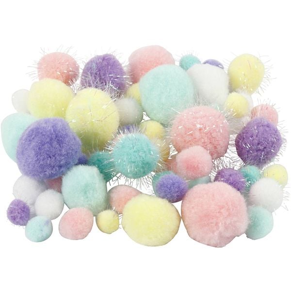 Produktbild: Creativ Company Pompons, D 15-40 mm, Glitter, Pastellfarben, 62 g