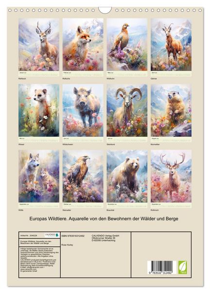 Produktbild: Europas Wildtiere. Aquarelle von den Bewohnern der W&auml;lder und Berge (Wandkalender 2026 DIN A3 hoch), CALVENDO Monatskalender