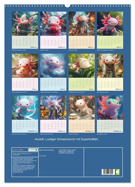 Produktbild: Axolotl. Lustiger Schwanzlurch mit Superkr&auml;ften (Wandkalender 2026 DIN A2 hoch), CALVENDO Monatskalender