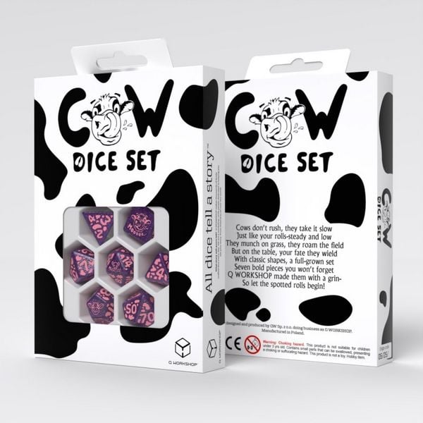 Q-Workshop QWO98307 - Cow Dice Set: RaMOOna purple/pink, Kuh-Würfelset, 7-teilig