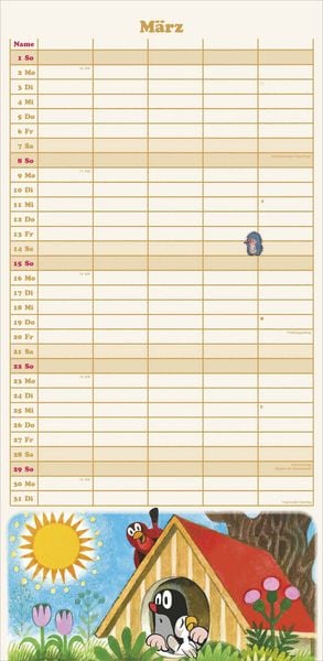 Produktbild: N NEUMANNVERLAGE - Der kleine Maulwurf 2026 Familienplaner, 22x45cm, Familienkalender mit 5 Spalten für Termine und Notizen, schöne Abbildungen, Stund