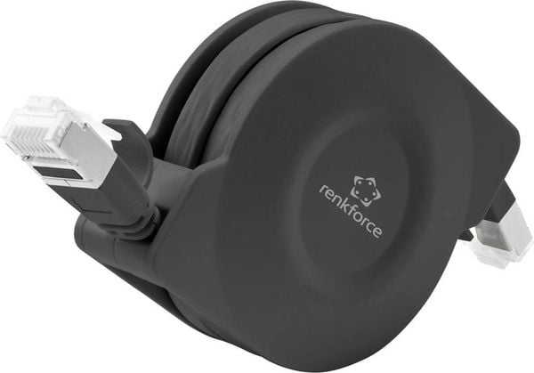 Produktbild: Renkforce RF-4476386 RJ45 Patchkabel CAT 6a U/FTP 1.50 m Schwarz Flache Ausf&uuml;hrung, inkl. Aufroller 1 St.