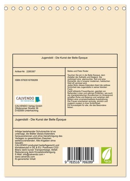Produktbild: Jugendstil - Die Kunst der Belle &Eacute;poque (Tischkalender 2027 DIN A5 hoch), CALVENDO Monatskalender