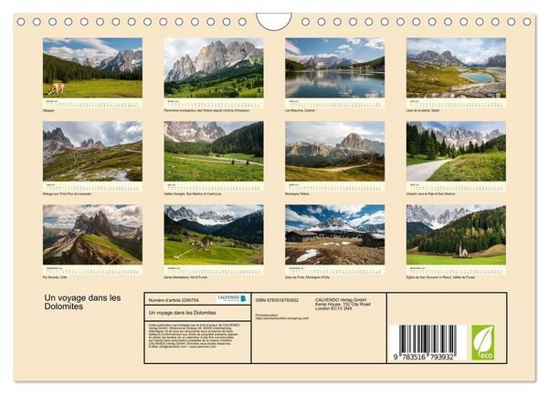Produktbild: Un voyage dans les Dolomites (Calendrier mural 2027 DIN A4 vertical), CALVENDO calendrier mensuel