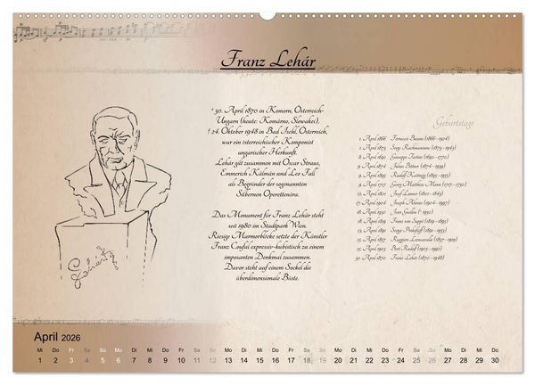 Produktbild: Von Mozart bis Beethoven (hochwertiger Premium Wandkalender 2026 DIN A2 quer), Kunstdruck in Hochglanz