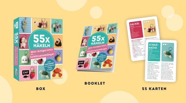 Produktbild: 55 x h&auml;keln &ndash; Mini-Amigurumis Schl&uuml;sselanh&auml;nger: Dein Kartenset mit niedlichen Tieren & mehr