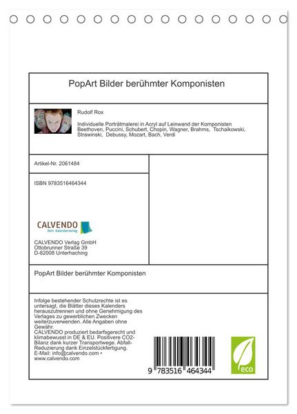 Produktbild: PopArt Bilder ber&uuml;hmter Komponisten (Tischkalender 2026 DIN A5 hoch), CALVENDO Monatskalender