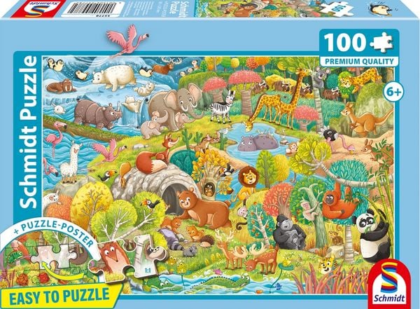 Schmidt 55778 - Tierisch wimmelig, Easy to Puzzle, Kinderpuzzle mit Poster, 100 Teile