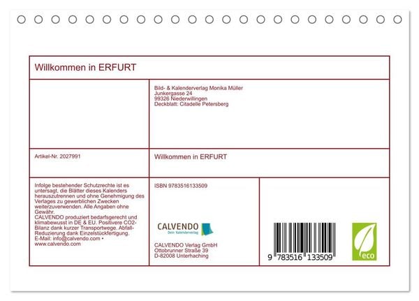 Produktbild: Willkommen in ERFURT (Tischkalender 2026 DIN A5 quer), CALVENDO Monatskalender