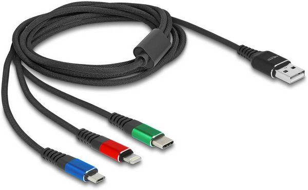 Produktbild: Delock USB-Kabel USB 2.0 USB-A Stecker, USB-Micro-B Stecker, Apple Lightning Stecker, USB-C&reg; 2.00 m Schwarz 90156