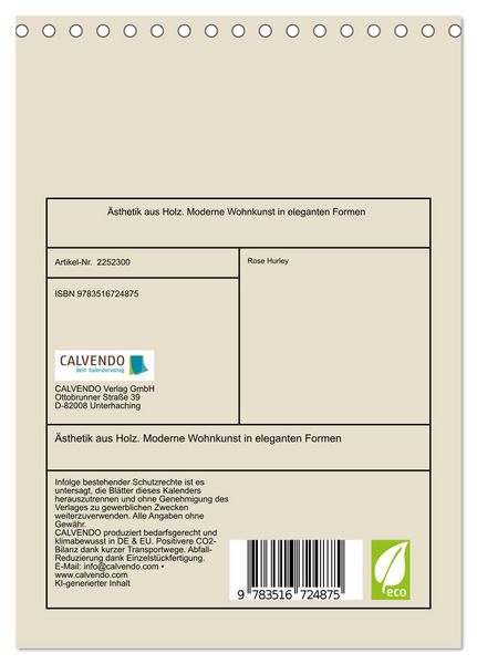 Produktbild: &Auml;sthetik aus Holz. Moderne Wohnkunst in eleganten Formen (Tischkalender 2026 DIN A5 hoch), CALVENDO Monatskalender