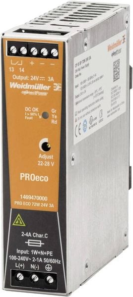 Weidmüller PRO ECO 72W 24V 3A Hutschienen-Netzteil (DIN-Rail) 24 V/DC 3 A 72 W Anzahl Ausgänge:1 x Inhalt 1 St.