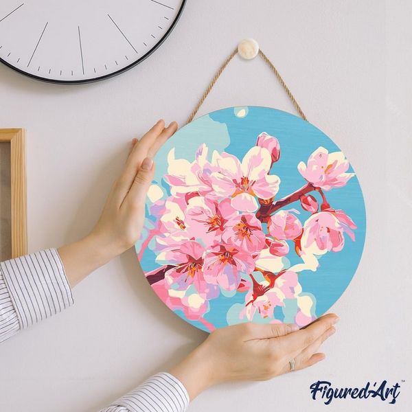 Produktbild: FiguredArt RFA012 - Malen nach Zahlen, Kirschbl&uuml;te, Holzscheibe (30cm), Malset, Paint by Numbers