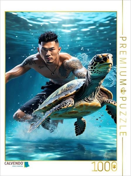 CALVENDO Puzzle Asiatischer Mann taucht mit einer Wasserschildkröte | 1000 Teile Lege-Größe 64x48cm Foto-Puzzle für glückliche Stunden