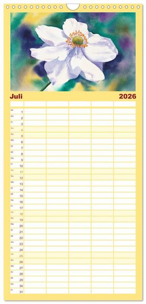 Produktbild: Familienplaner 2026 - Blumenaquarelle aus der N&auml;he mit 5 Spalten (Wandkalender, 21 x 45 cm) CALVENDO