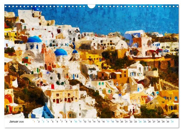 Produktbild: Urlaub auf Santorin - Gemalte Ansichten der Kykladeninsel (Wandkalender 2026 DIN A3 quer), CALVENDO Monatskalender
