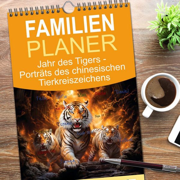 Produktbild: Familienplaner 2026 - Jahr des Tigers - Portr&auml;ts des chinesischen Tierkreiszeichens mit 5 Spalten (Wandkalender, 21 x 45 cm) CALVENDO