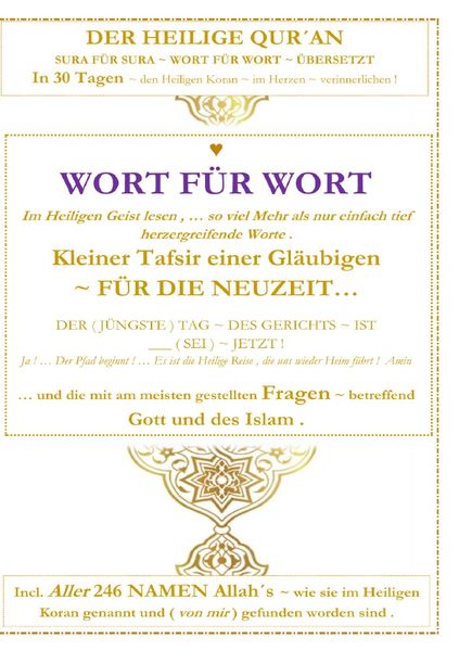 Der Heilige Qur ́an ~ WORT FÜR WORT ~ in 30 Tagen ~ mit ( allen ) 246 Namen Allahs, Taschenbuch von Tanja Airtafae Ala ́byad D ́ala, Epubli,