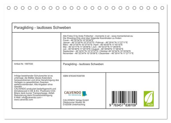 Produktbild: Paragliding - lautloses Schweben (Tischkalender 2026 DIN A5 quer), CALVENDO Monatskalender
