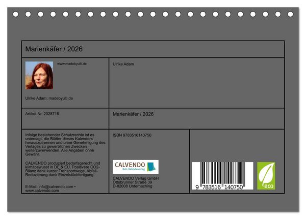 Produktbild: Marienk&auml;fer / 2026 (Tischkalender 2026 DIN A5 quer), CALVENDO Monatskalender
