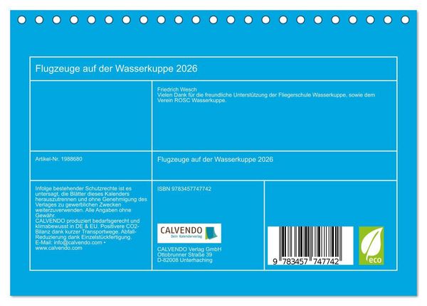 Produktbild: Flugzeuge auf der Wasserkuppe 2026 (Tischkalender 2026 DIN A5 quer), CALVENDO Monatskalender