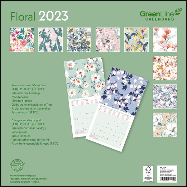 'GreenLine Floral 2023 - Wand-Kalender - Broschüren-Kalender - 30x30 