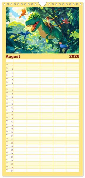 Produktbild: Familienplaner 2026 - Abenteuer mit Dinosauriern - Tolle Dino-Freunde f&uuml;r das Jahr mit 5 Spalten (Wandkalender, 21 x 45 cm) CALVENDO