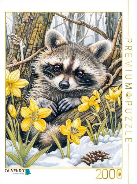 CALVENDO Puzzle Waschbär zwischen den Bäumen im Frühling. | 2000 Teile Lege-Größe 90x67cm Foto-Puzzle für glückliche Stunden
