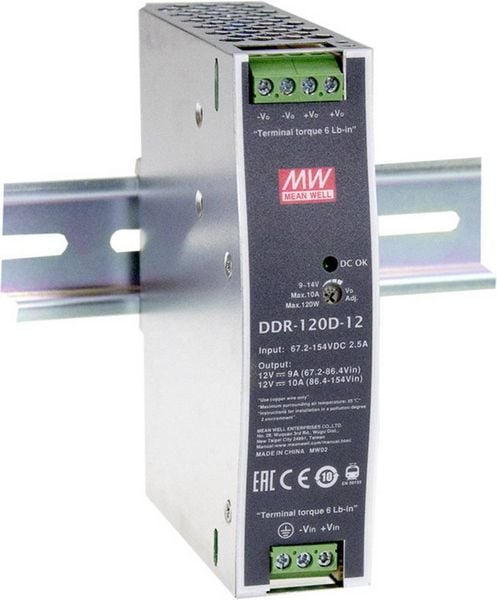 Produktbild: MEAN WELL DDR-120B-12 Hutschienen-DC/DC-Wandler (DIN-Rail) 12 V/DC 10 A 120 W Anzahl Ausg&auml;nge:1 x Inhalt 1 St.
