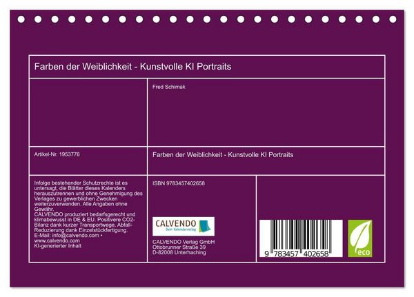 Produktbild: Farben der Weiblichkeit - Kunstvolle KI Portraits (Tischkalender 2026 DIN A5 quer), CALVENDO Monatskalender