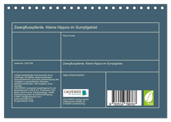 Produktbild: Zwergflusspferde. Kleine Hippos im Sumpfgebiet (Tischkalender 2027 DIN A5 quer), CALVENDO Monatskalender