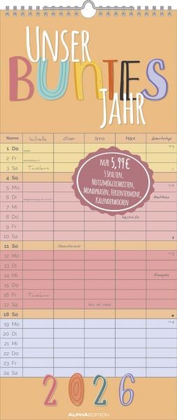 Produktbild: Unser buntes Jahr 2026 Familienplaner - Terminkalender - Familienkalender - 19,5x45