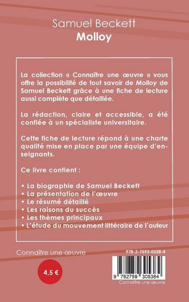 Produktbild: Fiche de lecture Molloy de Samuel Beckett (Analyse litt&eacute;raire de r&eacute;f&eacute;rence et r&eacute;sum&eacute; complet)