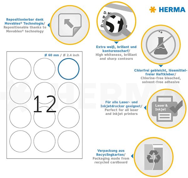 Produktbild: Herma Etiketten A4 60mm rund 25 Blatt 300 St&uuml;ck