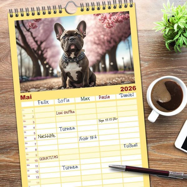 Produktbild: Familienplaner 2026 - Franz&ouml;sische Bulldoggen mit 5 Spalten (Wandkalender, 21 x 45 cm) CALVENDO