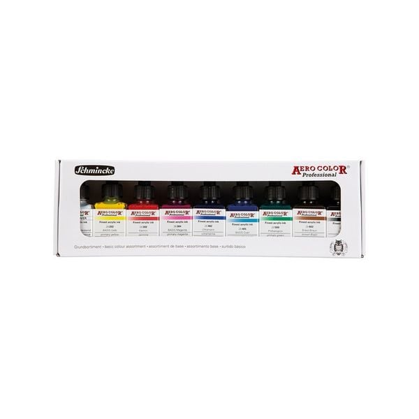 Produktbild: Schmincke Aero Color Professional, Acrylfarbe, Airbrushfarbe, Kartonset, 9 x 28 ml Flaschen