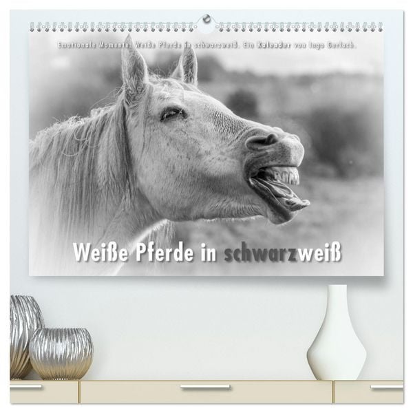 Produktbild: Emotionale Momente: Wei&szlig;e Pferde in schwarzwei&szlig;. (hochwertiger Premium Wandkalender 2026 DIN A2 quer), Kunstdruck in Hochglanz