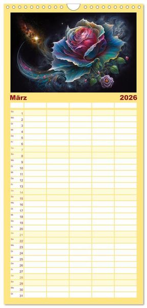 Produktbild: Familienplaner 2026 - Kosmische Bl&uuml;ten mit 5 Spalten (Wandkalender, 21 x 45 cm) CALVENDO