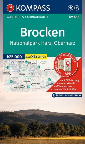 Produktbild: KOMPASS Wanderkarte 455 Brocken, Nationalpark Harz, Oberharz 1:25.000
