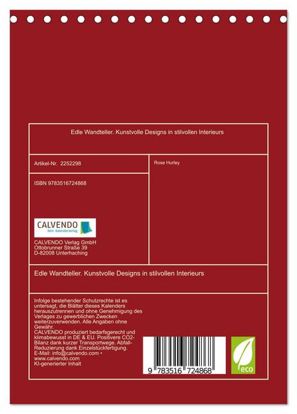 Produktbild: Edle Wandteller. Kunstvolle Designs in stilvollen Interieurs (Tischkalender 2026 DIN A5 hoch), CALVENDO Monatskalender
