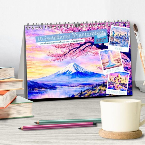 Produktbild: Reisetr&auml;ume Traumreisen. Die sch&ouml;nsten Reiseziele der Welt in Watercolor (Tischkalender 2027 DIN A5 quer), CALVENDO Monatskalender