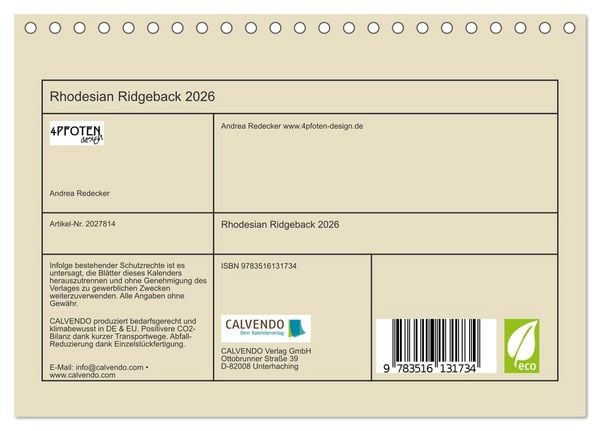 Produktbild: Rhodesian Ridgeback 2026 (Tischkalender 2026 DIN A5 quer), CALVENDO Monatskalender