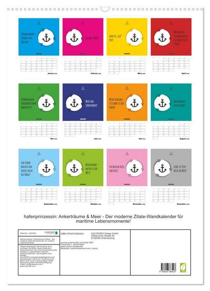 Produktbild: hafenprinzessin: Ankertr&auml;ume & Meer - Der moderne Zitate-Wandkalender f&uuml;r maritime Lebensmomente! (Wandkalender 2026 DIN A2 hoch), CALVENDO Monatskalender